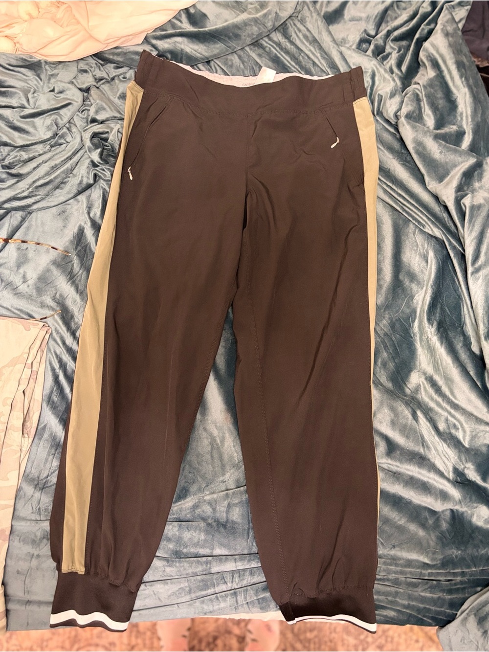 Calvin Klein Black Joggers with olive green Side Stripes and pockets!